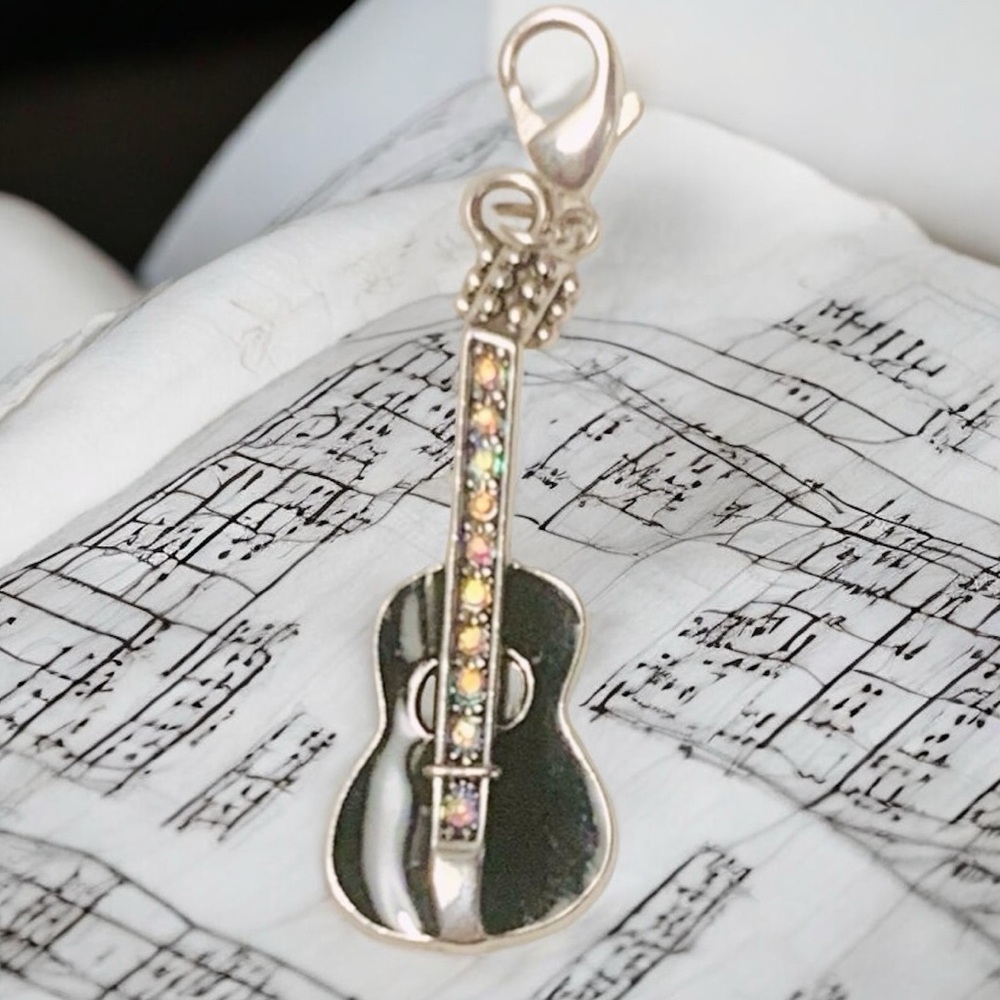 Guitar Black, Silver, & Crystal w/Lobster clasp Zipper pull, purse, shoe Charm - Picture 1 of 3